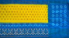 Yellow Pochampally Ikat Saree with Rama Blue Border and Pallu