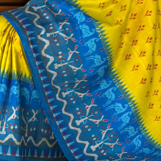 Yellow Pochampally Ikat Saree with Rama Blue Border and Pallu