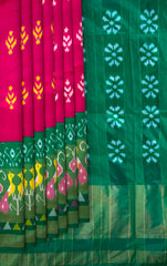 Pink Pochampally Ikat Saree with Green Border and Pallu