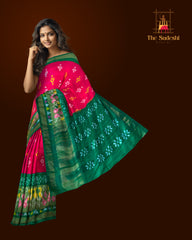 Pink Pochampally Ikat Saree with Green Border and Pallu