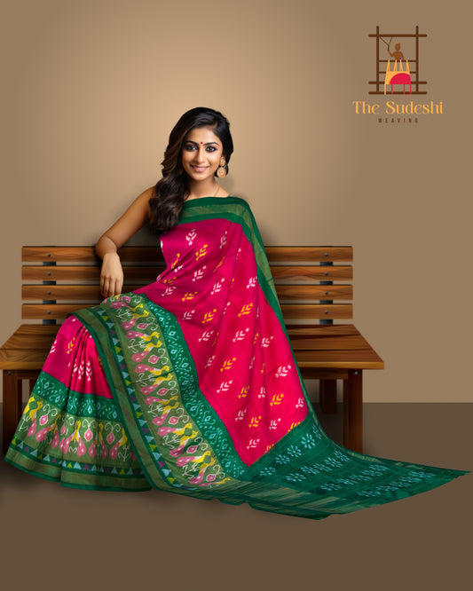 Pink Pochampally Ikat Saree with Green Border and Pallu