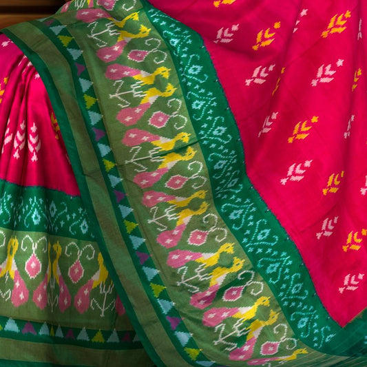 Pink Pochampally Ikat Saree with Green Border and Pallu