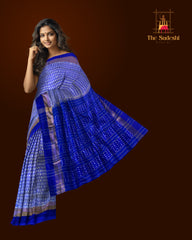 Light Blue Pochampally Ikat Saree with Thick Blue Border and Pallu