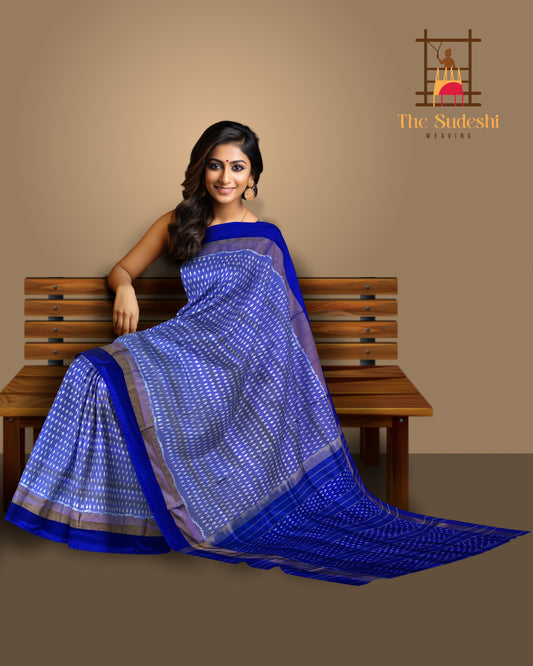 Light Blue Pochampally Ikat Saree with Thick Blue Border and Pallu