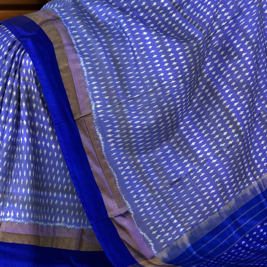 Light Blue Pochampally Ikat Saree with Thick Blue Border and Pallu