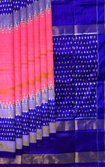 Light Pink Pochampally Ikat Saree with Thick Blue Border and Pallu