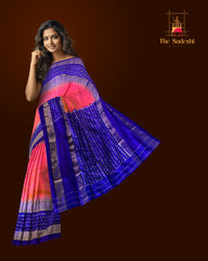 Light Pink Pochampally Ikat Saree with Thick Blue Border and Pallu