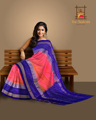 Light Pink Pochampally Ikat Saree with Thick Blue Border and Pallu