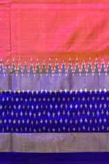 Light Pink Pochampally Ikat Saree with Thick Blue Border and Pallu