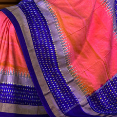 Light Pink Pochampally Ikat Saree with Thick Blue Border and Pallu