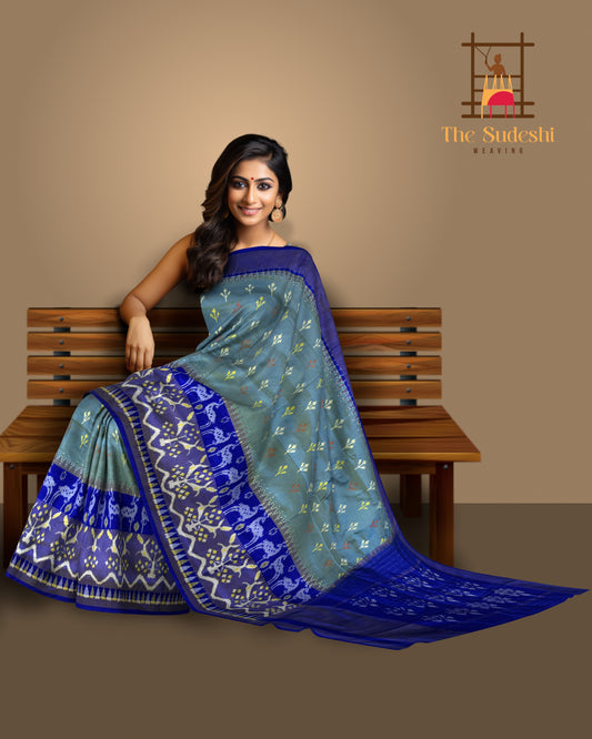 Sky Blue Pochampally Ikat Saree with Blue Border and Pallu