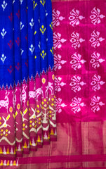 Blue Pochampally Ikat Saree with Pink Border and Pallu