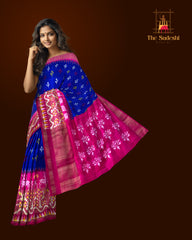 Blue Pochampally Ikat Saree with Pink Border and Pallu