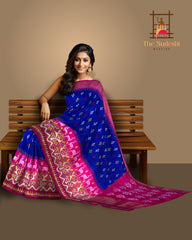 Blue Pochampally Ikat Saree with Pink Border and Pallu