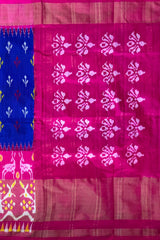 Blue Pochampally Ikat Saree with Pink Border and Pallu