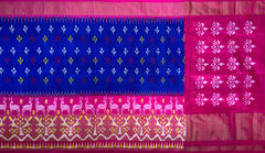 Blue Pochampally Ikat Saree with Pink Border and Pallu