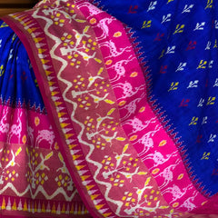 Blue Pochampally Ikat Saree with Pink Border and Pallu