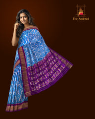 Sky Blue Pochampally Ikat Saree with Purple Border and Pallu