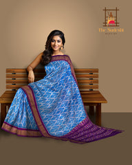 Sky Blue Pochampally Ikat Saree with Purple Border and Pallu