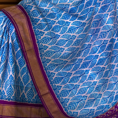 Sky Blue Pochampally Ikat Saree with Purple Border and Pallu