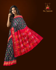 Black Pochampally Ikat Saree with Red Border and Pallu