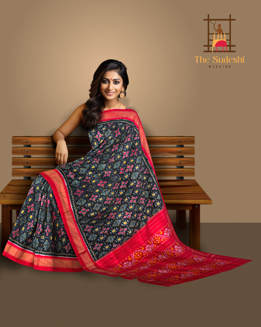 Black Pochampally Ikat Saree with Red Border and Pallu