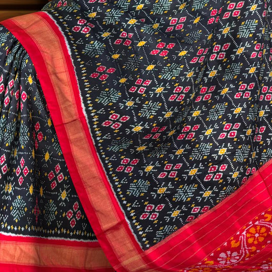 Black Pochampally Ikat Saree with Red Border and Pallu