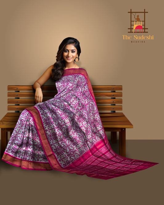 Grey Pochampally Ikat Saree with Red Border and Pallu