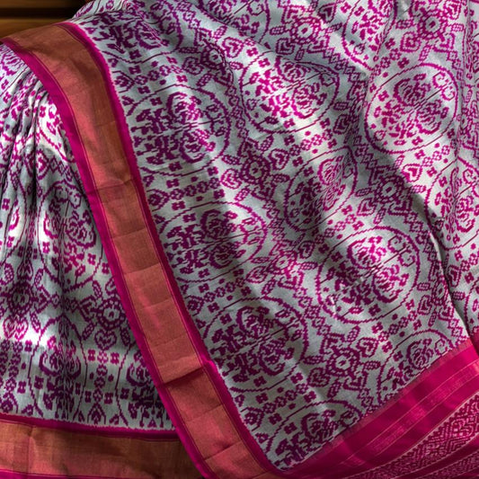Grey Pochampally Ikat Saree with Red Border and Pallu