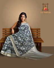 Cream Pochampally Ikat Saree with Matching Cream Border and Pallu