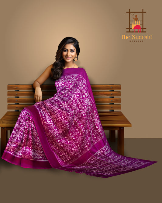 Majenta Pink Pochampally Ikat Saree with Matching Border and Pallu