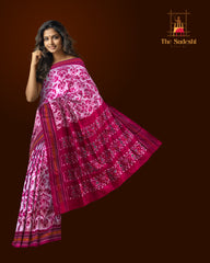 Baby Pink Pochampally Ikat Saree with Pink Border and Pallu
