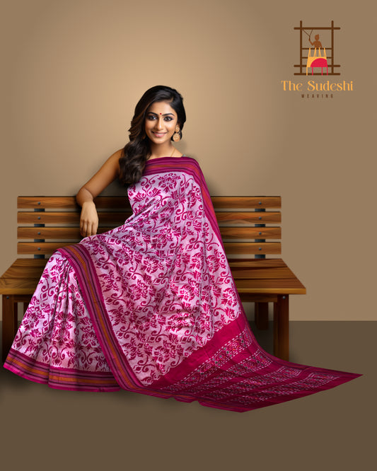 Baby Pink Pochampally Ikat Saree with Pink Border and Pallu