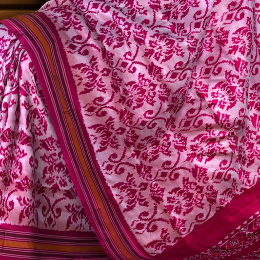 Baby Pink Pochampally Ikat Saree with Pink Border and Pallu
