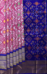 Onion Pink Pochampally Ikat Saree with Blue Border and Pallu