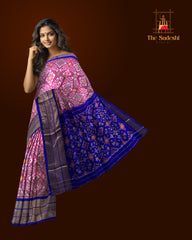 Onion Pink Pochampally Ikat Saree with Blue Border and Pallu