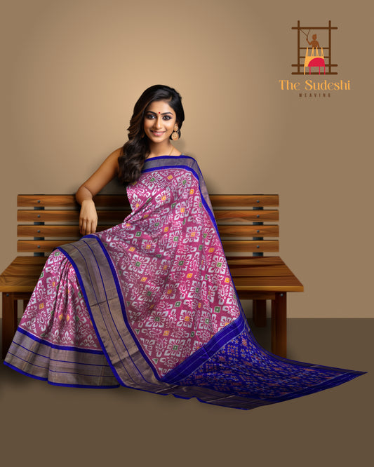 Onion Pink Pochampally Ikat Saree with Blue Border and Pallu