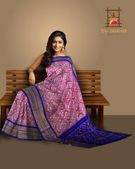 Onion Pink Pochampally Ikat Saree with Blue Border and Pallu