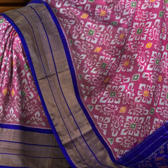Onion Pink Pochampally Ikat Saree with Blue Border and Pallu