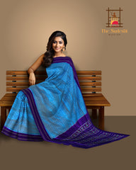Sky Blue Pochampally Ikat Saree with Blue Border and Pallu