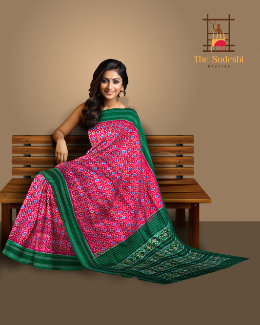 Red Pochampally Ikat Saree with Green Border and Pallu
