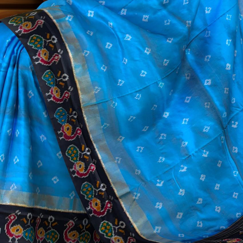Sky Blue Pochampally Ikat Saree with Black Border and Pallu
