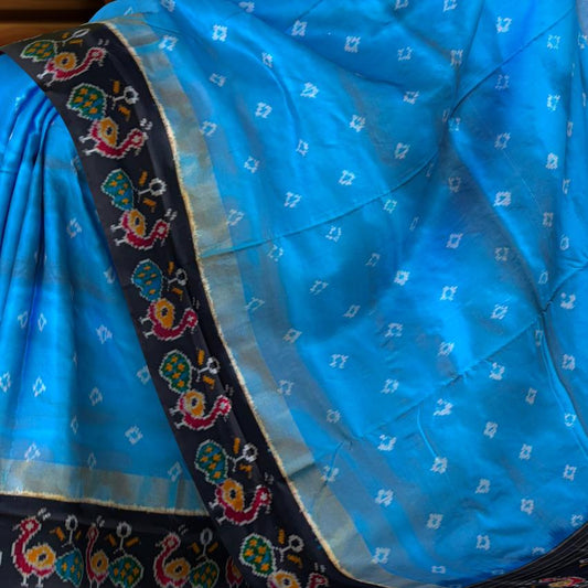 Sky Blue Pochampally Ikat Saree with Black Border and Pallu