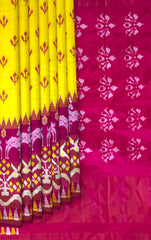 Yellow Pochampally Ikat Saree with Pink Border and Pallu