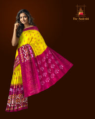 Yellow Pochampally Ikat Saree with Pink Border and Pallu