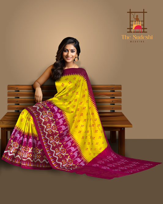 Yellow Pochampally Ikat Saree with Pink Border and Pallu