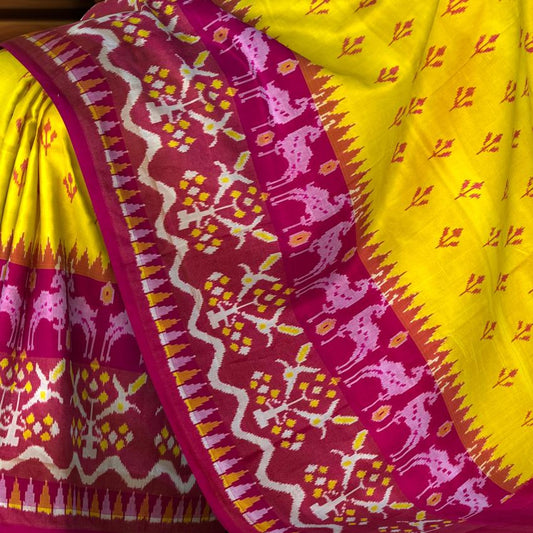 Yellow Pochampally Ikat Saree with Pink Border and Pallu