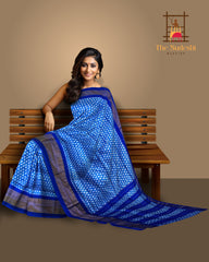 Blue Pochampally Ikat Saree with Thick Blue Border and Pallu