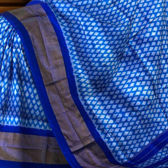 Blue Pochampally Ikat Saree with Thick Blue Border and Pallu