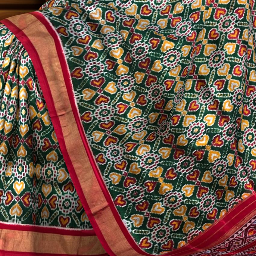 Green Pochampally Ikat Saree with Red Border and Pallu